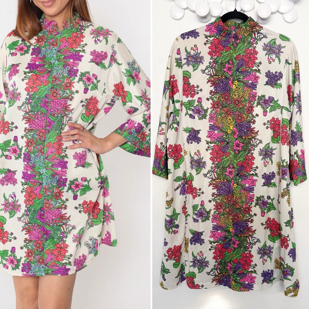 True Vintage 70s Evelyn Pearson Floral Front Zip House Lounge Mini Dress